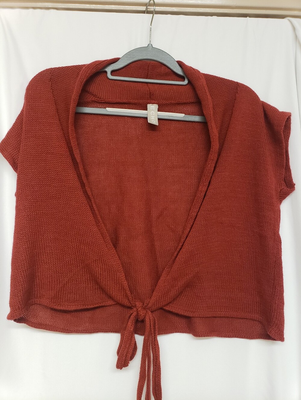 Echo Brand Bolero Tie Front Short Sleeve Cardigan Large Rust Coral